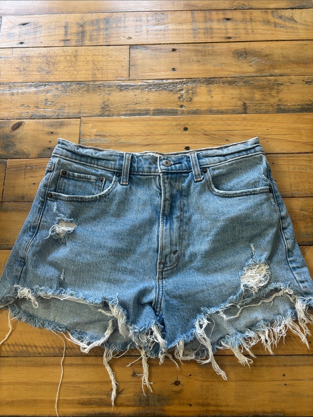 Abercrombie & Fitch Light Blue Mom Short High Rise Distressed Denim Cutoff Short